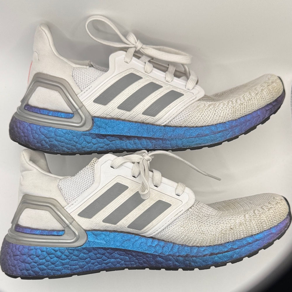 adidas White Sneakers with Blue-Purple Gradient Midsole